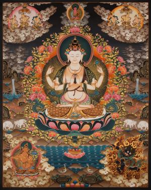 4 Armed Chenrezig Original Hand-Painted Tibetan Thangka | Yoga Meditation Canvas Art for your Peace and wellbeing